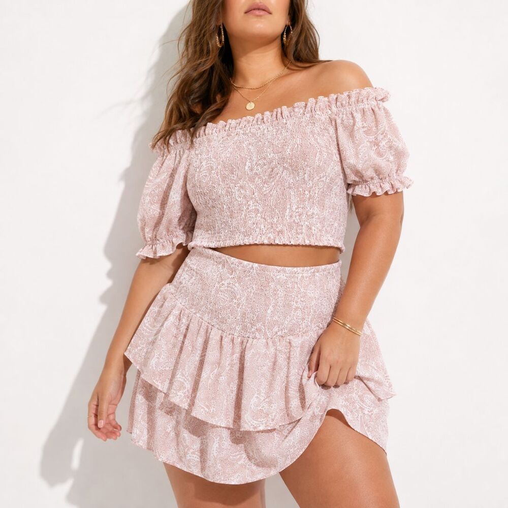 Express Blush Paisley Smocked Crop Top Skirt Set Women's Large Boho Coquette